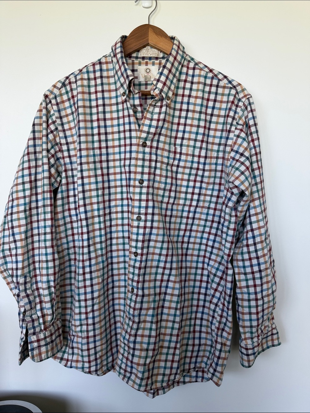 Classic Plaid Button-Down Shirt in White with Red, Blue & Green